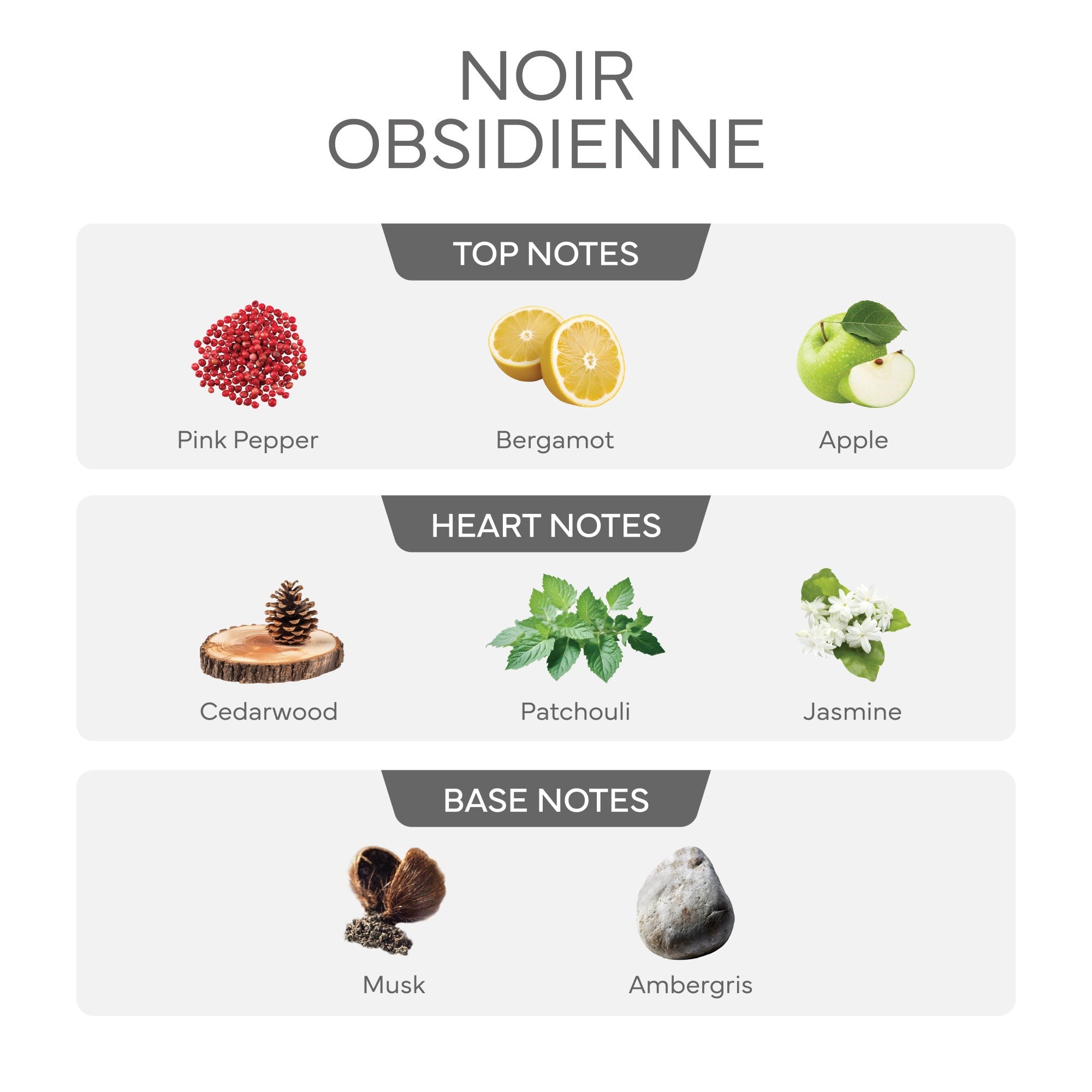 Woody Ambery, Pink Pepper, Bergamot, Apple, Cedarwood, Patchouli, Jasmine	Musk, Ambergris